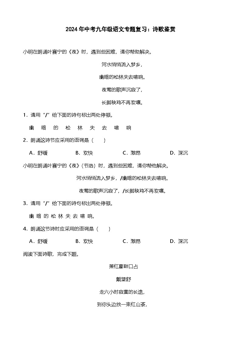 2024年中考九年级语文专题复习(专练):诗歌鉴赏1(含答案)第1页