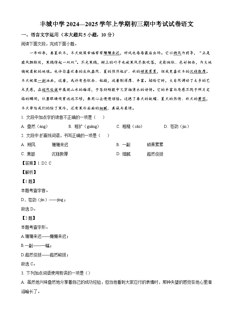 江西省丰城中学2024-2025学年九年级上学期期中语文试题(解析版)第1页