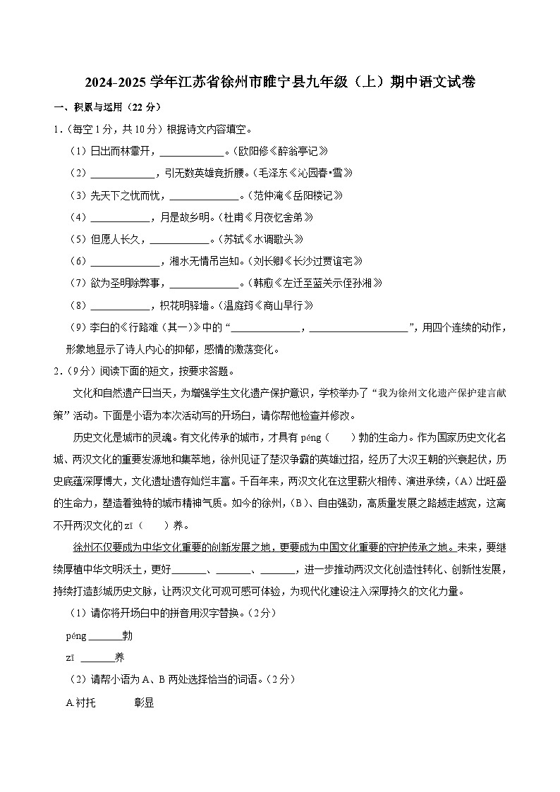 江苏省徐州市睢宁县2024-2025学年九年级上学期期中考试语文试卷第1页