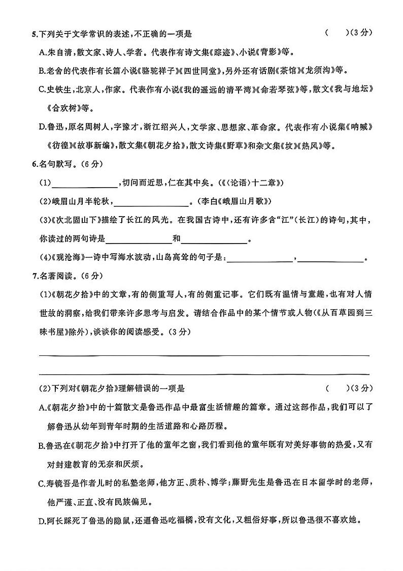 福建省漳州市云霄县多校2024-2025学年七年级上学期语文期中测试卷02