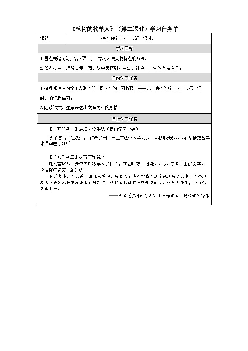 初中语文部编版七年级上册 植树的牧羊人_学习任务单_第二课时第1页