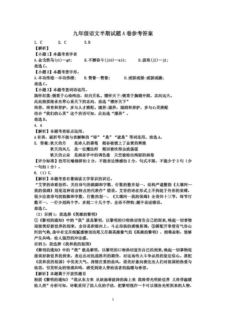 九年级语文 答案(A卷)第1页