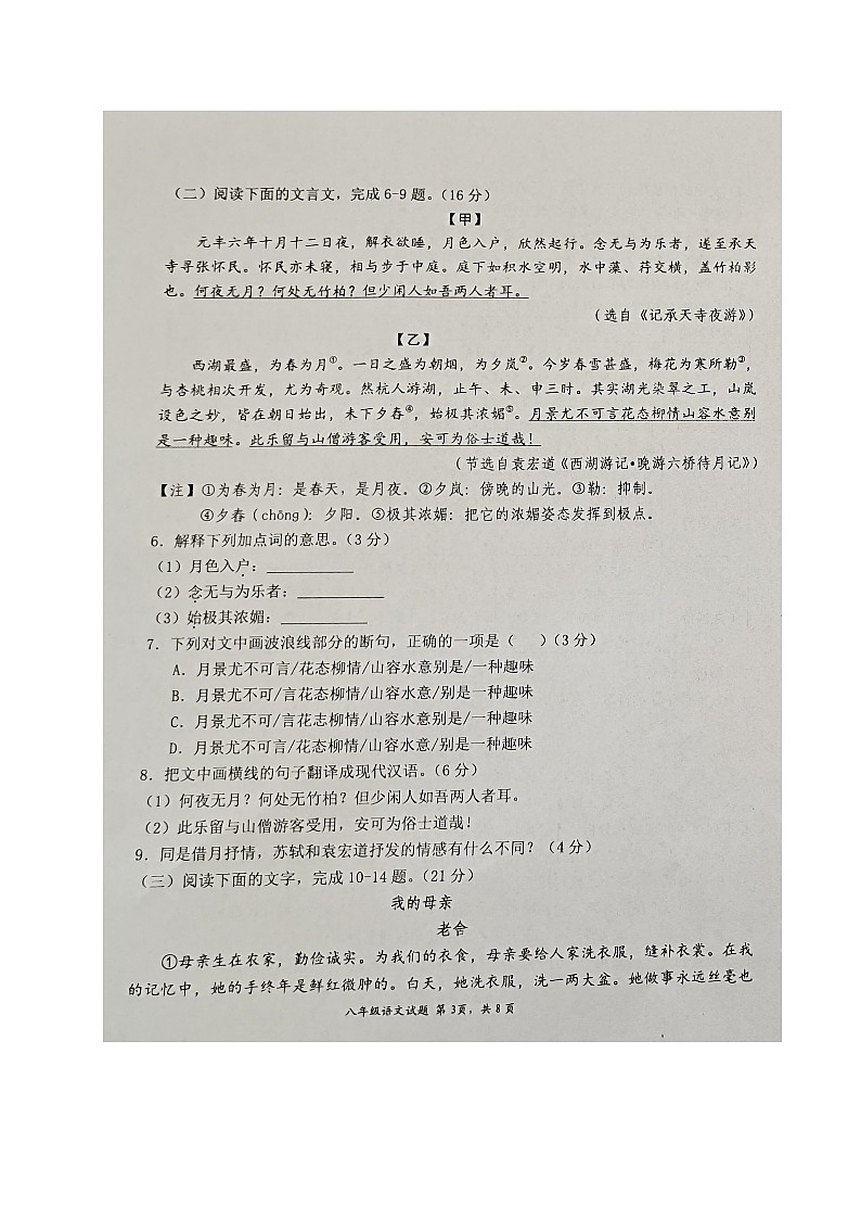 福建省三明市宁化县2024-2025学年八年级上学期期中考试语文试题第3页