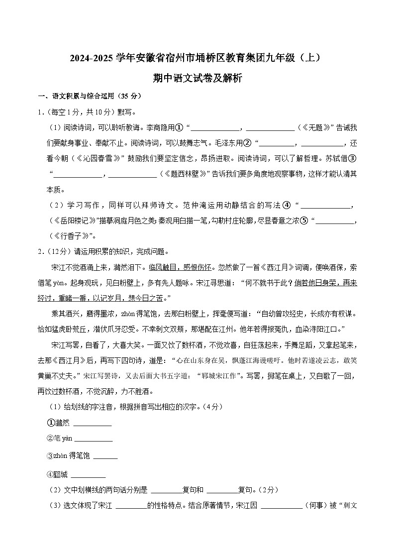 安徽省宿州市埇桥区教育集团2024-2025学年九年级上学期11月期中语文试题第1页