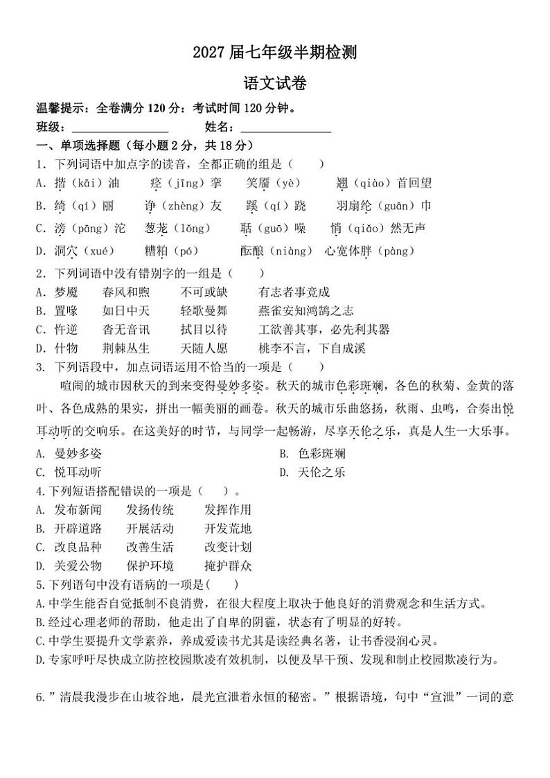 四川省眉山市仁寿县校联考2024~2025学年七年级(上)期中语文试卷(含答案)第1页