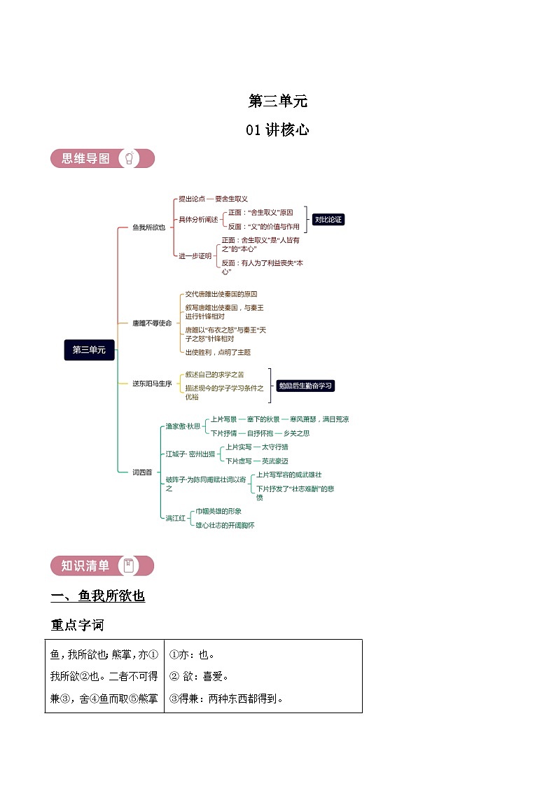 部编版初中语文九年级下册同步讲练测九年级下册第三单元01讲核心(原卷版)第1页