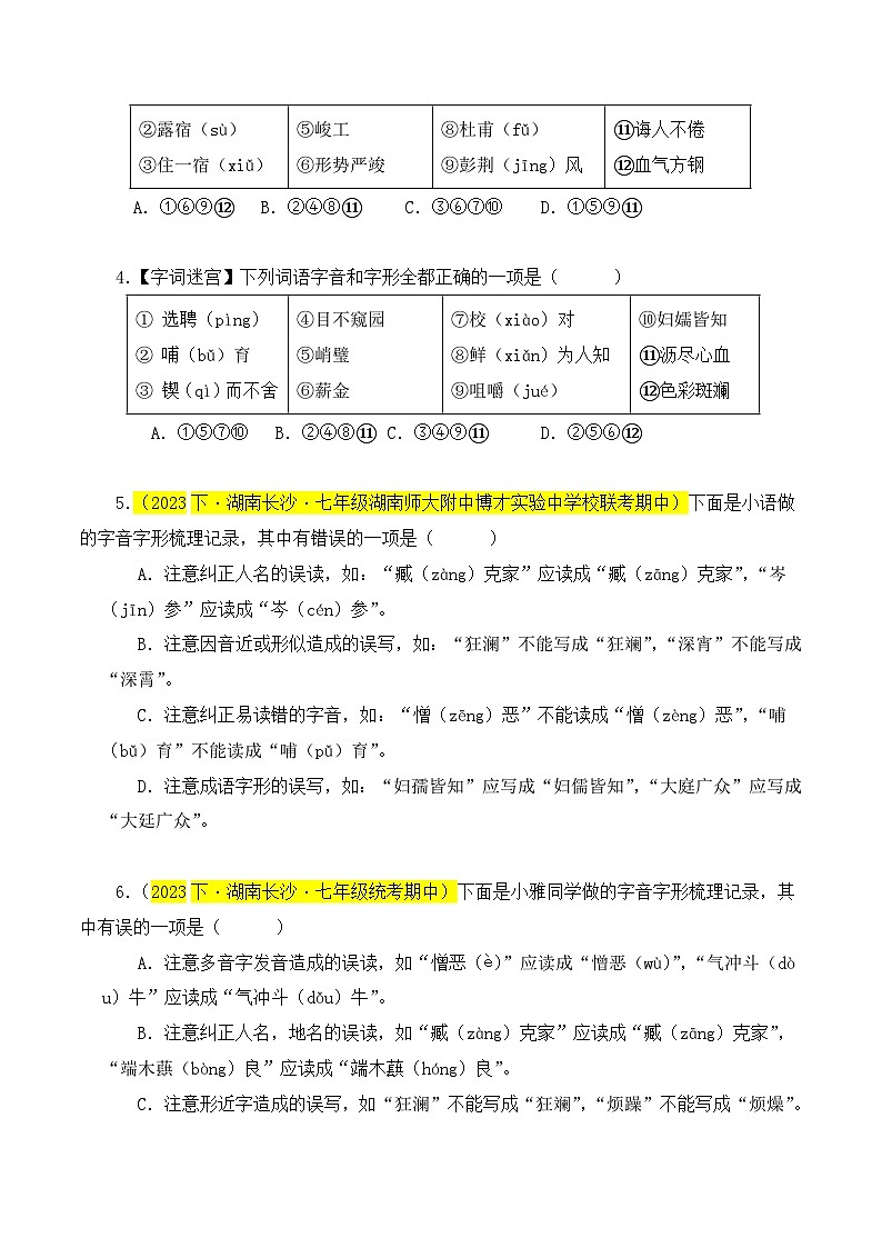 (长沙专用)初中语文七年级下册期中复习练习专题01 基础知识(传统题型)40题(原卷版)第2页
