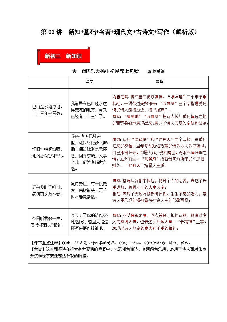 (暑假讲义)初中语文九年级辅导讲义第02讲  新知+基础+名著+现代文+古诗文+写作(解析版)第1页