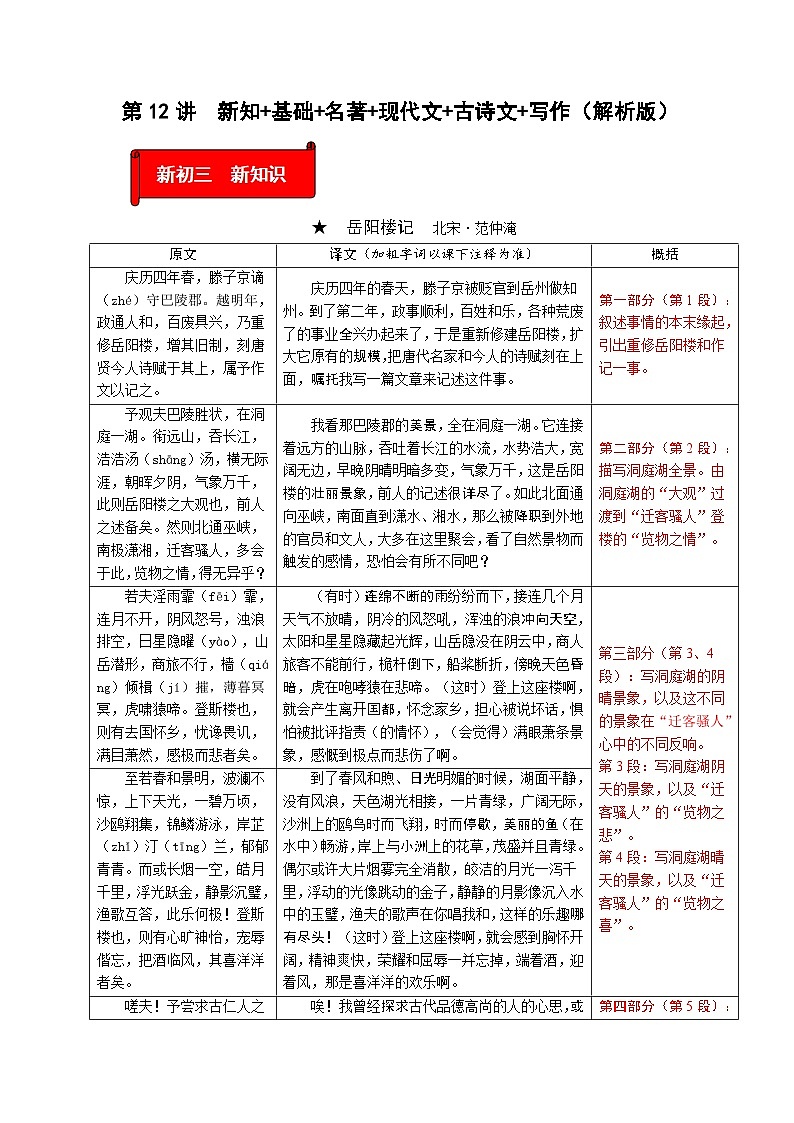 (暑假讲义)初中语文九年级辅导讲义第12讲  新知+基础+名著+现代文+古诗文+写作(原卷版)第1页