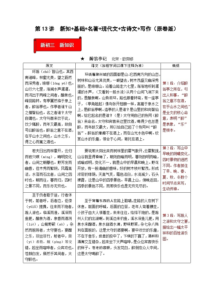 (暑假讲义)初中语文九年级辅导讲义第13讲  新知+基础+名著+现代文+古诗文+写作(原卷版)第1页