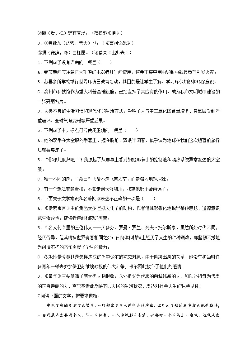 (暑假讲义)初中语文九年级辅导讲义第13讲  新知+基础+名著+现代文+古诗文+写作(原卷版)第3页