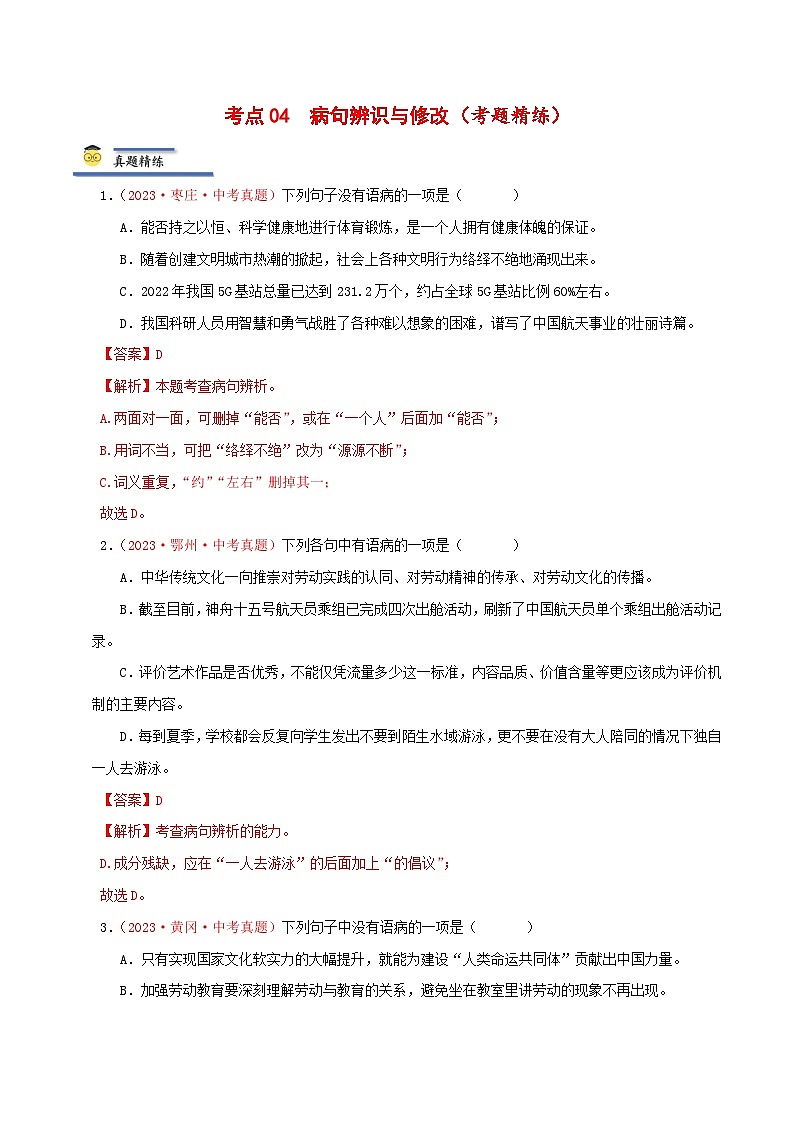 中考语文一轮复习考点归纳与考题精练考点04 病句辨识与修改(考题精练)(解析版)第1页