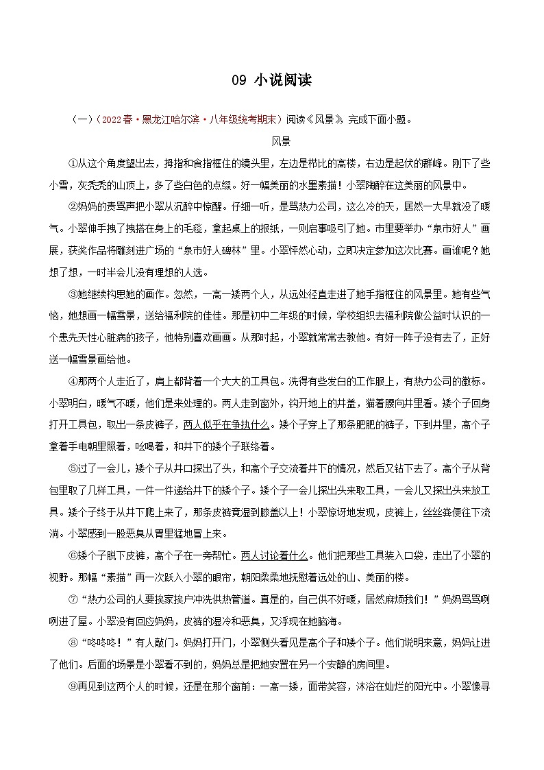 部编版初中语文八年级下册知识梳理与能力训练09 小说阅读(含解析)第1页