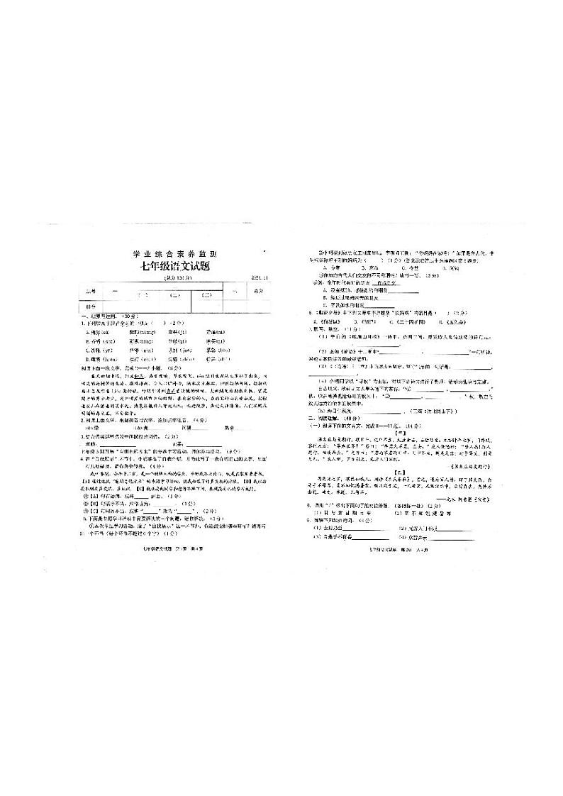山东省枣庄市薛城区2024-2025学年七年级上学期期中考试语文试题第1页