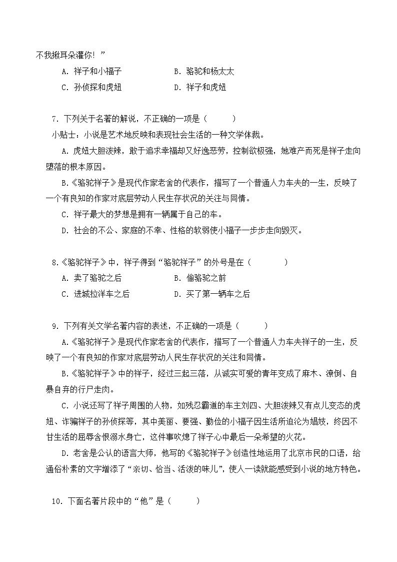 中考语文二轮复习文学名著必考篇目分层训练专题03 骆驼祥子(原卷版)第3页