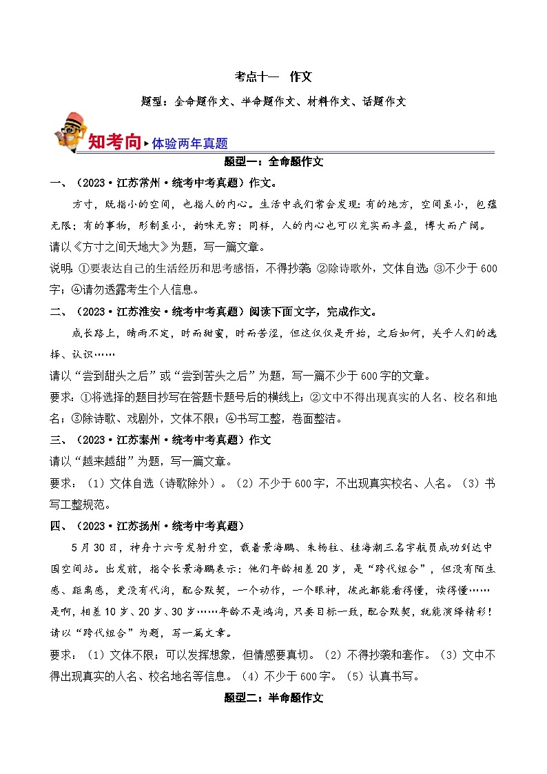 中考语文一轮复习考点讲与练11 作文(好题冲关)(原卷版)第1页