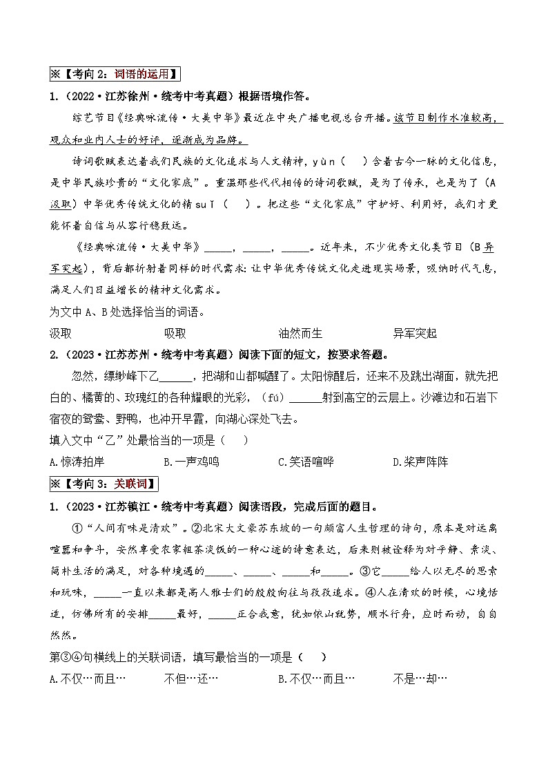 中考语文一轮复习考点讲与练考点二  词语的运用(重难讲义)(原卷版)第2页