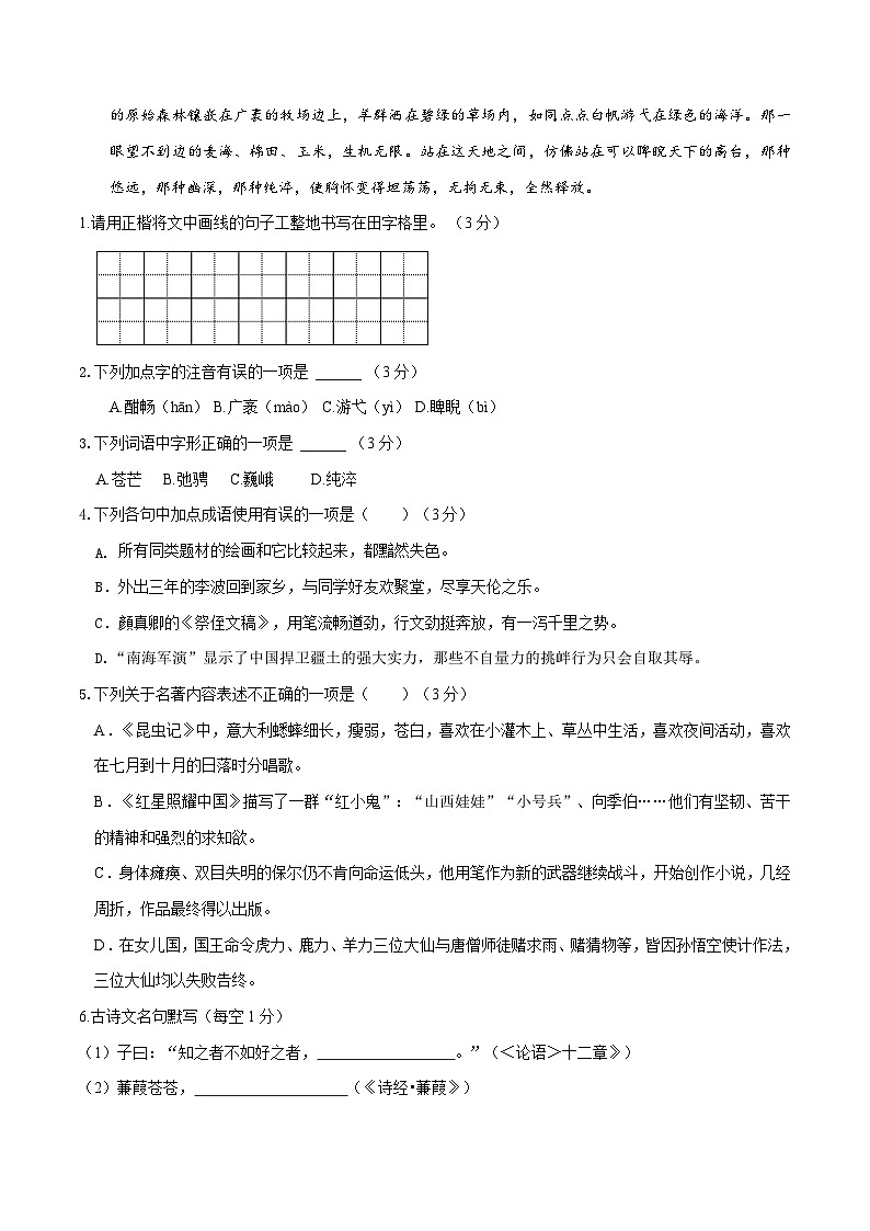 中考语文适应性模拟试卷(新疆卷)(原卷版)第2页