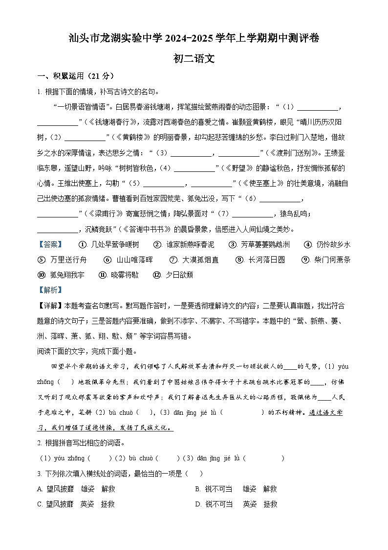 广东省汕头市龙湖区汕头市龙湖实验中学2024-2025学年八年级上学期期中语文试题(解析版)-A4第1页