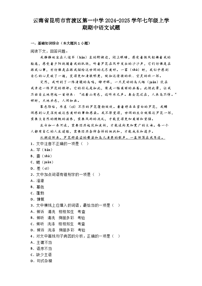 云南省昆明市官渡区第一中学2024-2025学年七年级上学期期中语文试题第1页