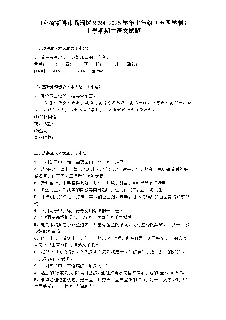 山东省淄博市临淄区2024-2025学年七年级(五四学制)上学期期中语文试题第1页