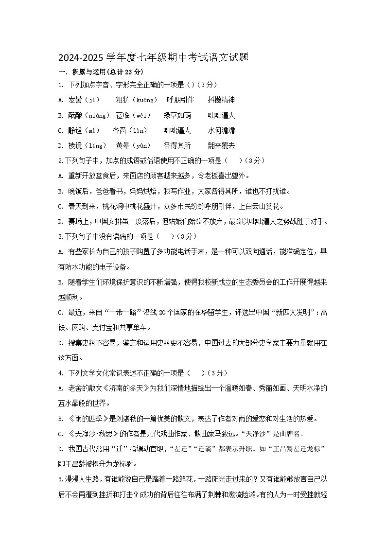 山东省宁津县大曹镇大赵中学2024-2025学年七年级上学期期中考试语文试题第1页