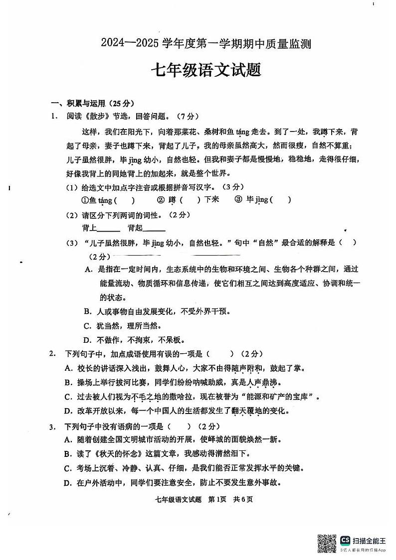 山东省枣庄市峄城区2024-2025学年七年级上学期期中考试语文试题第1页