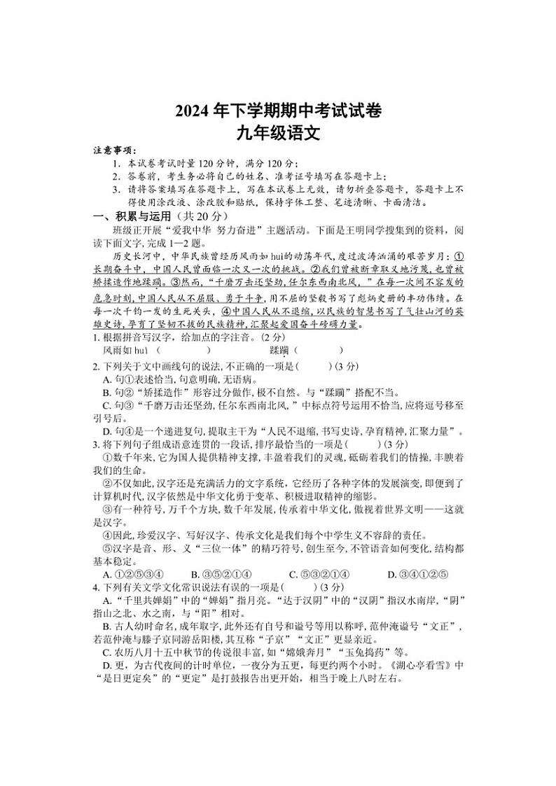 湖南省邵阳市武冈市2024~2025学年九年级(上)期中语文试卷(含解析)第1页