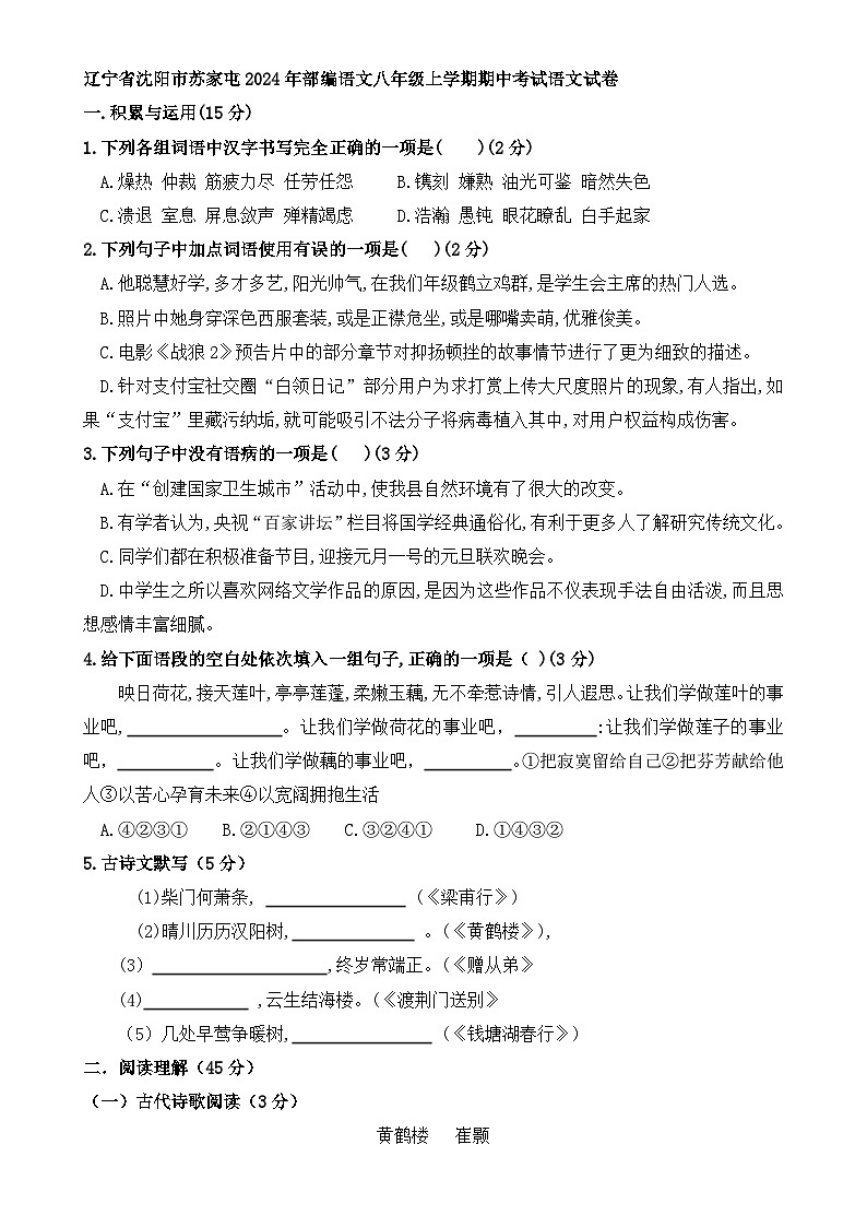 辽宁省沈阳市苏家屯区2024年部编语文八年级上学期期中考试语文试卷-A4第1页