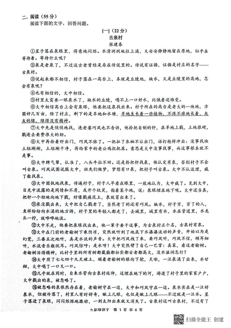 2024~2025学年安徽省合肥市蜀山区琥珀教育集团九年级(上)12月第二次质量调研检测语文试卷(含答案)第3页