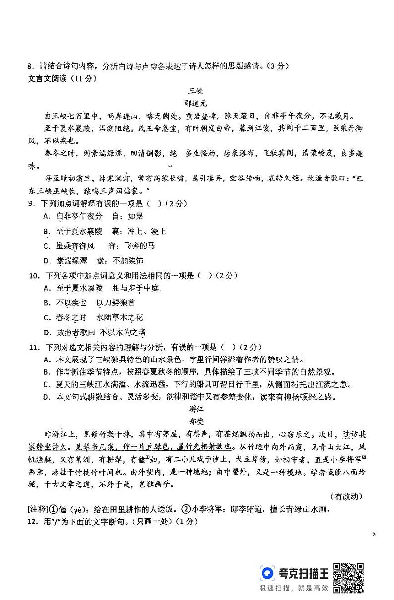 山东省德州市平原县三校联考2024-2025学年八年级上学期11月期中语文试题第3页