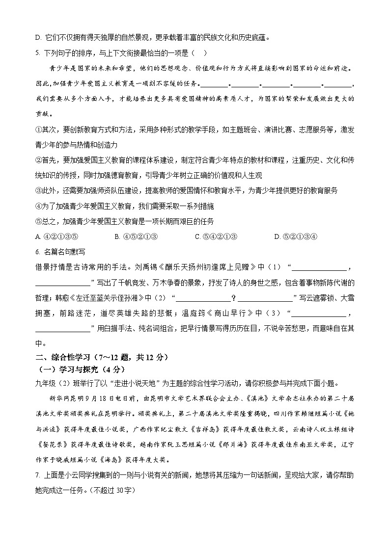 云南省曲靖市2024-2025学年九年级上学期期中语文试题第2页
