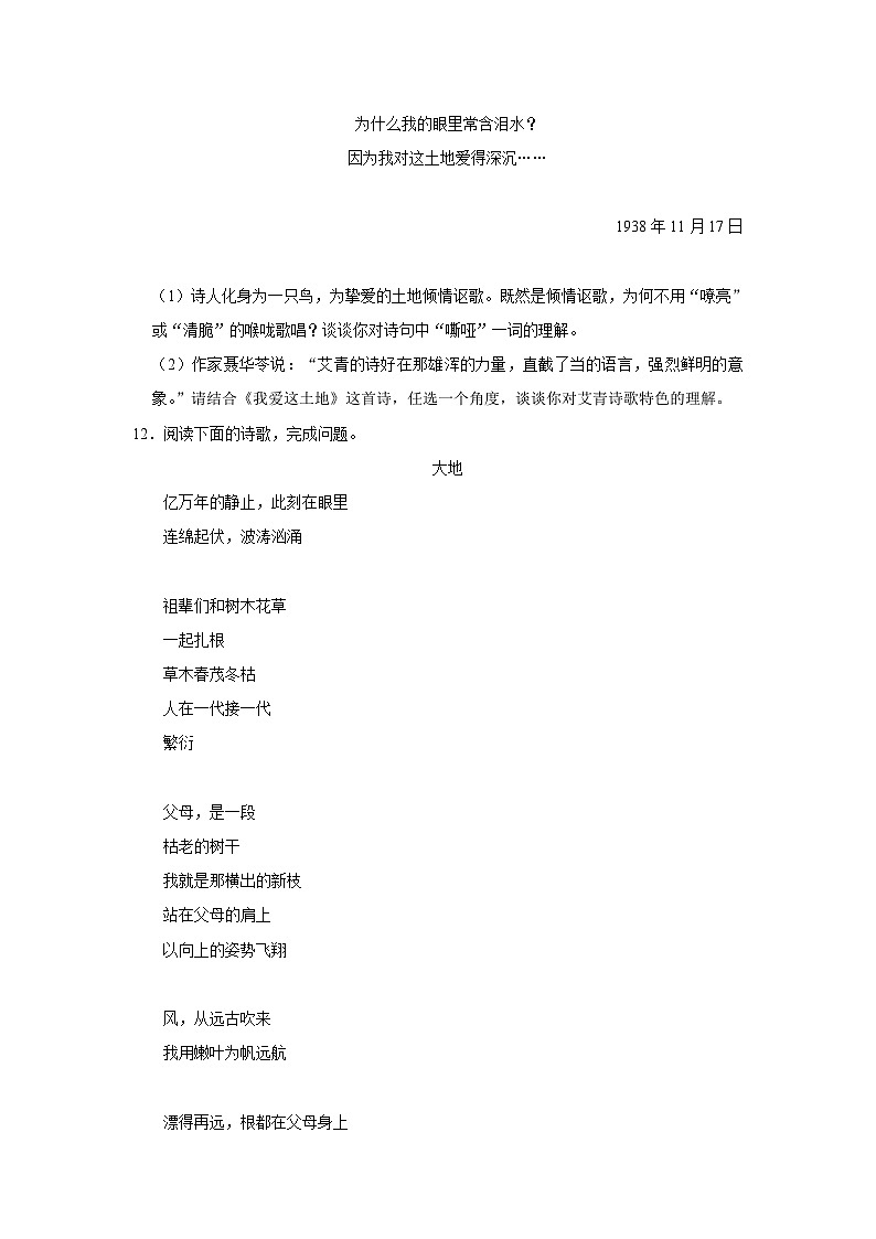部编版九年级上册《第3课 我爱这土地》语文同步练习卷第3页