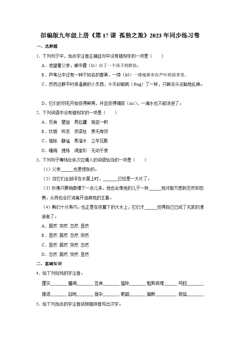部编版九年级上册《第17课 孤独之旅》语文同步练习卷第1页