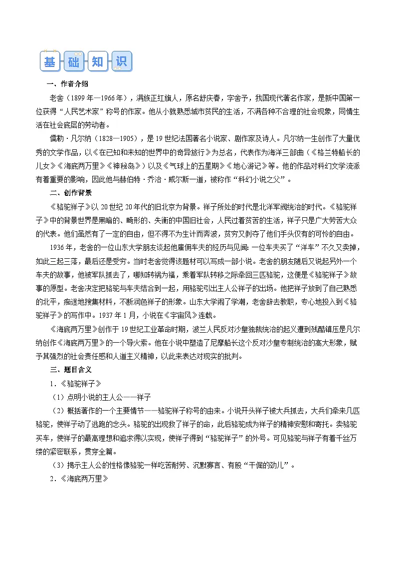 专题15 《骆驼祥子》 《海底两万里》(原卷版)2024年七年级语文寒假提升学与练(统编版)第2页