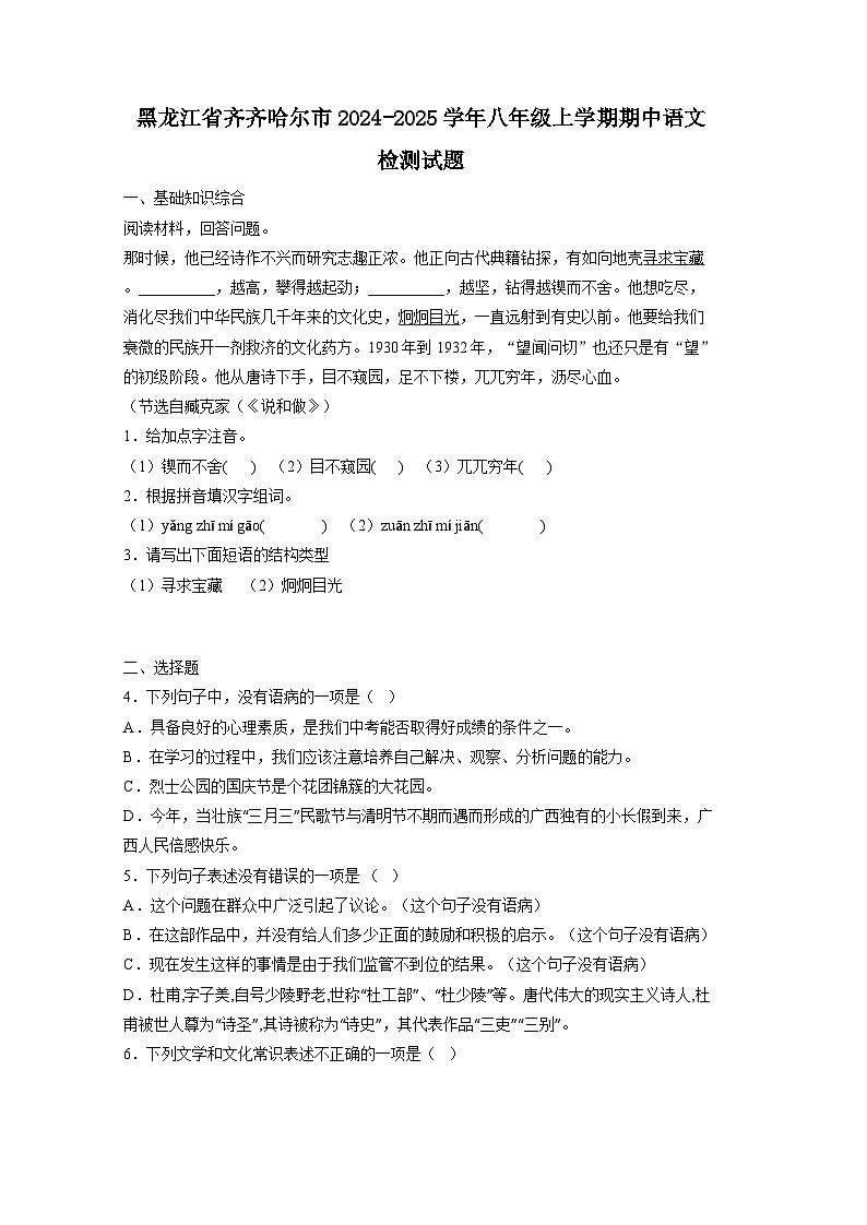 黑龙江省齐齐哈尔市2024-2025学年八年级上册期中语文检测试题(附答案)第1页