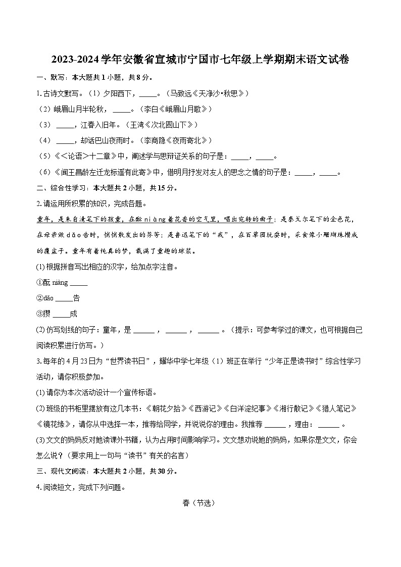 2023-2024学年安徽省宣城市宁国市七年级上学期期末语文试卷(含详细答案解析)第1页