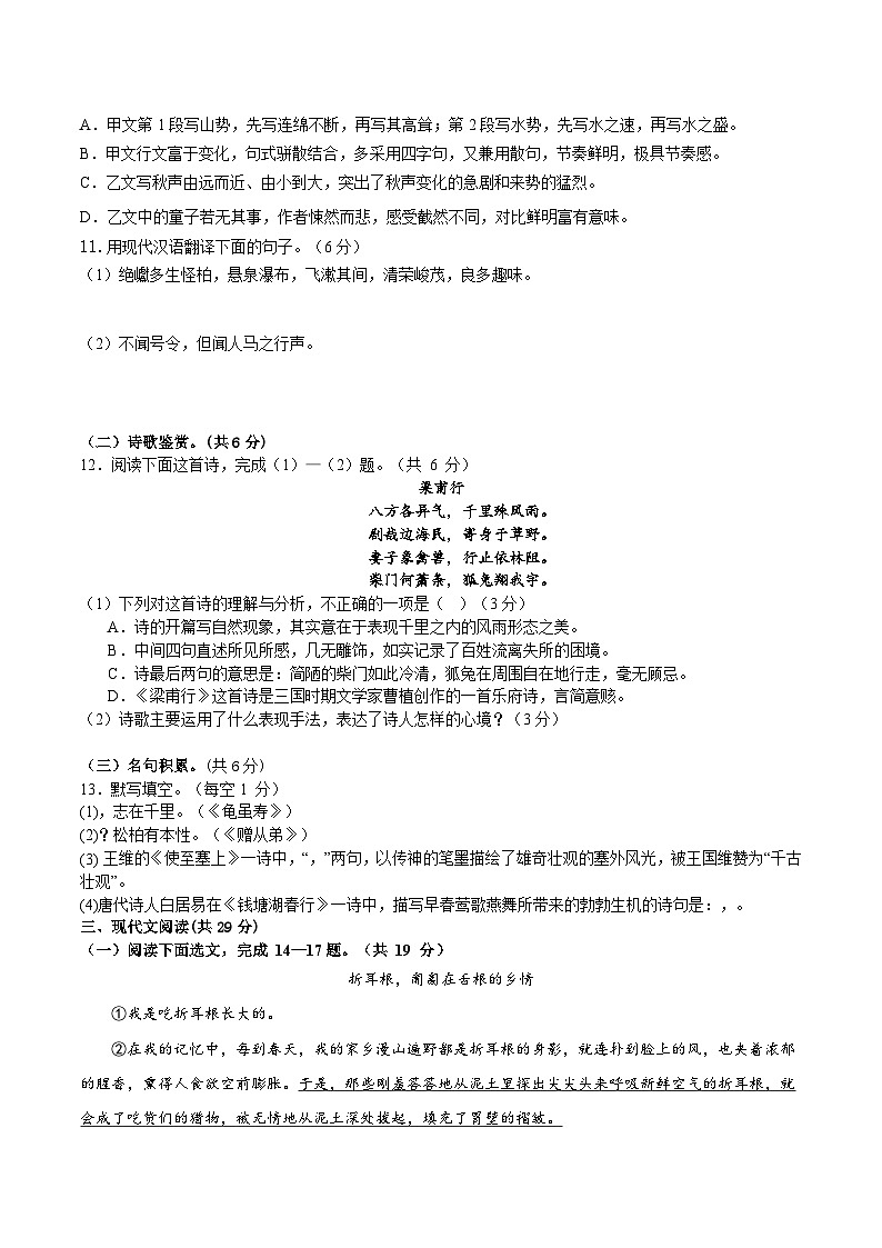 四川省南充市阆中东风中学校2024—2025学年八年级上学期期中考试语文试题第3页