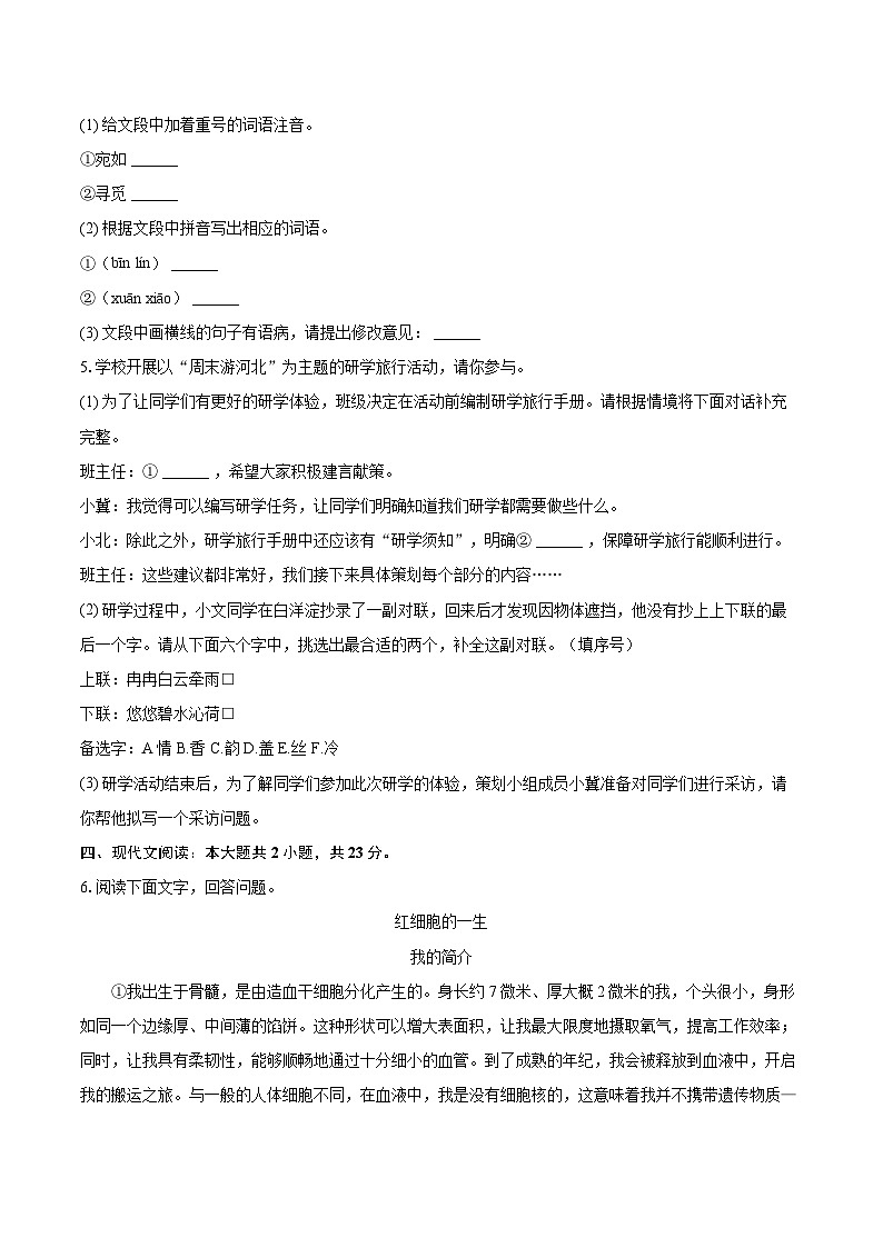 2023-2024学年河北省保定市阜平县八年级(上)期末语文试卷(含详细答案解析)第2页