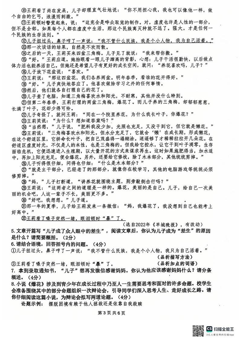 2024-2025学年上期期末九年级语文试题第3页