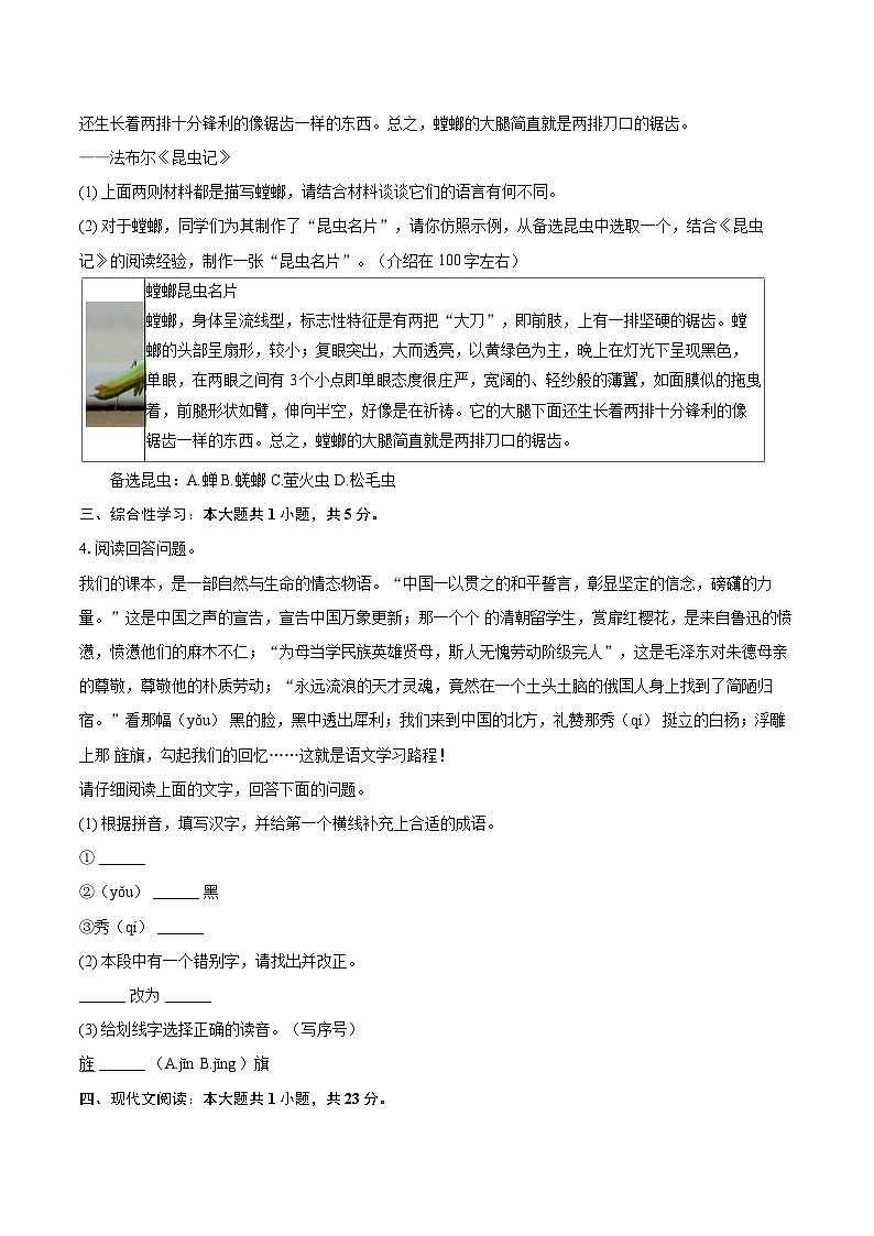 2023-2024学年浙江省金华市浦江四中八年级(上)期末语文试卷(含详细答案解析)第3页