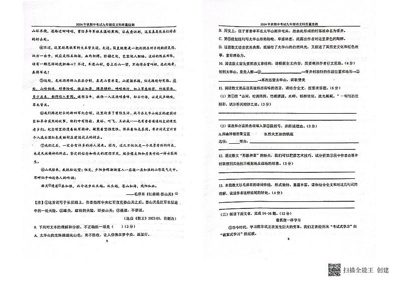 福建省泉州市晋江市磁灶片区联考2024-2025学年九年级上学期11月期中语文试题第3页