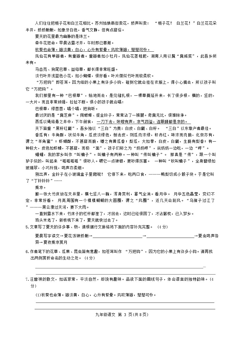 河南省通许县2024—2025学年九年级上期期末考试语文试卷第3页