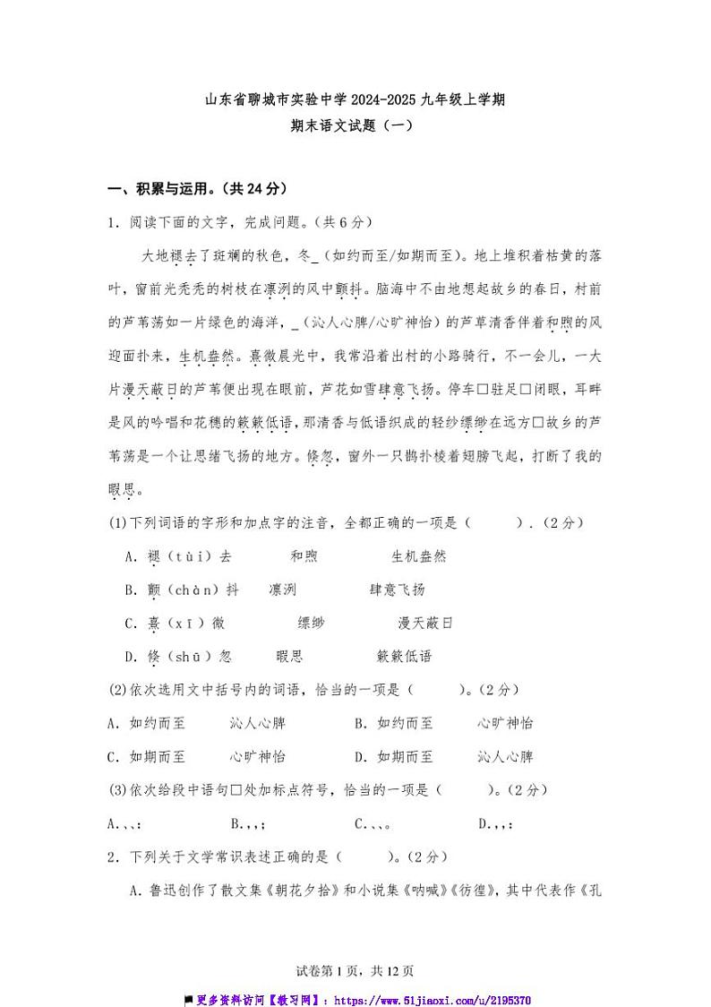 山东省聊城市实验中学2024~2025九年级上期末语文试卷(含答案)第1页