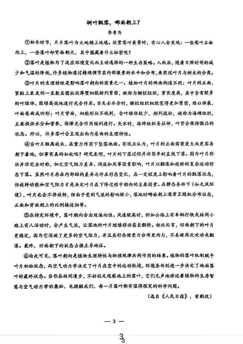 2025年上海市杨浦区中考一模考试语文试题第3页