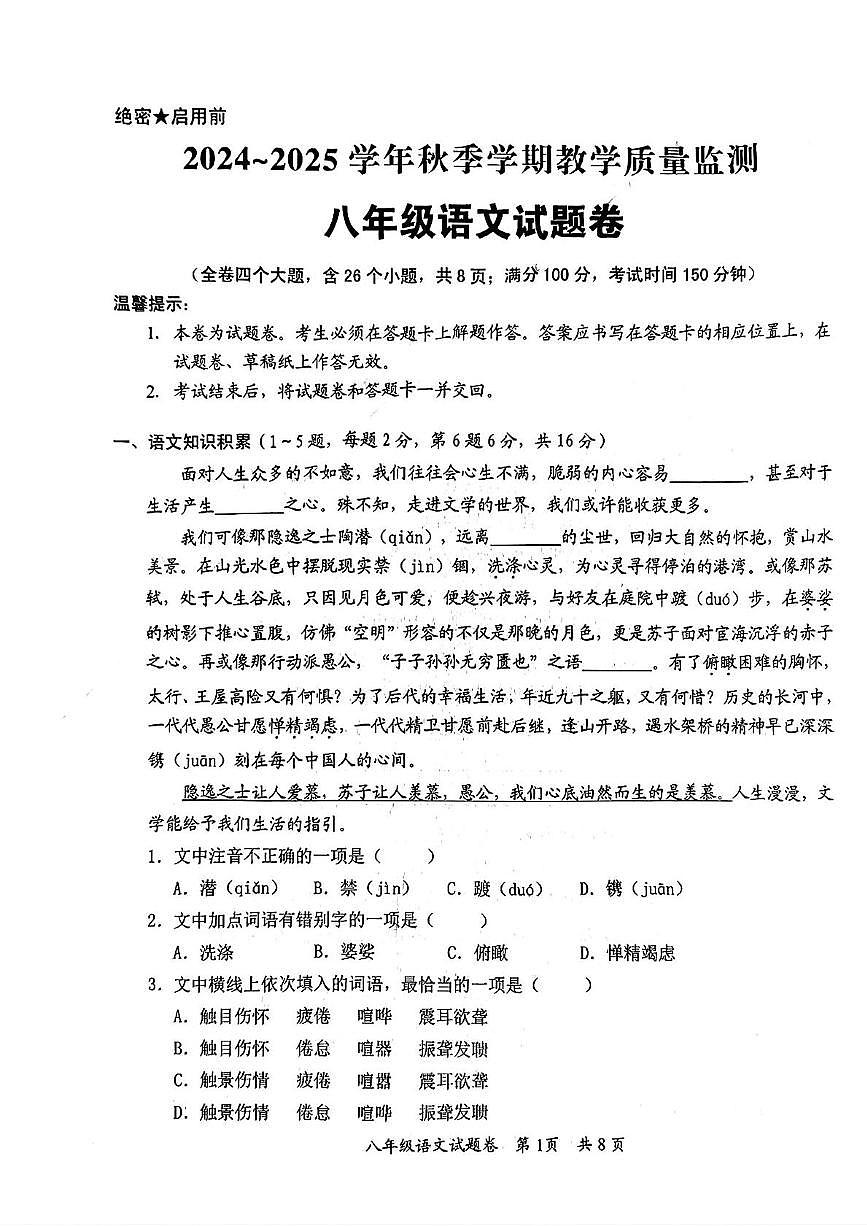 云南省曲靖市宣威市2024-2025學(xué)年八年級上學(xué)期期末語文試題第1頁