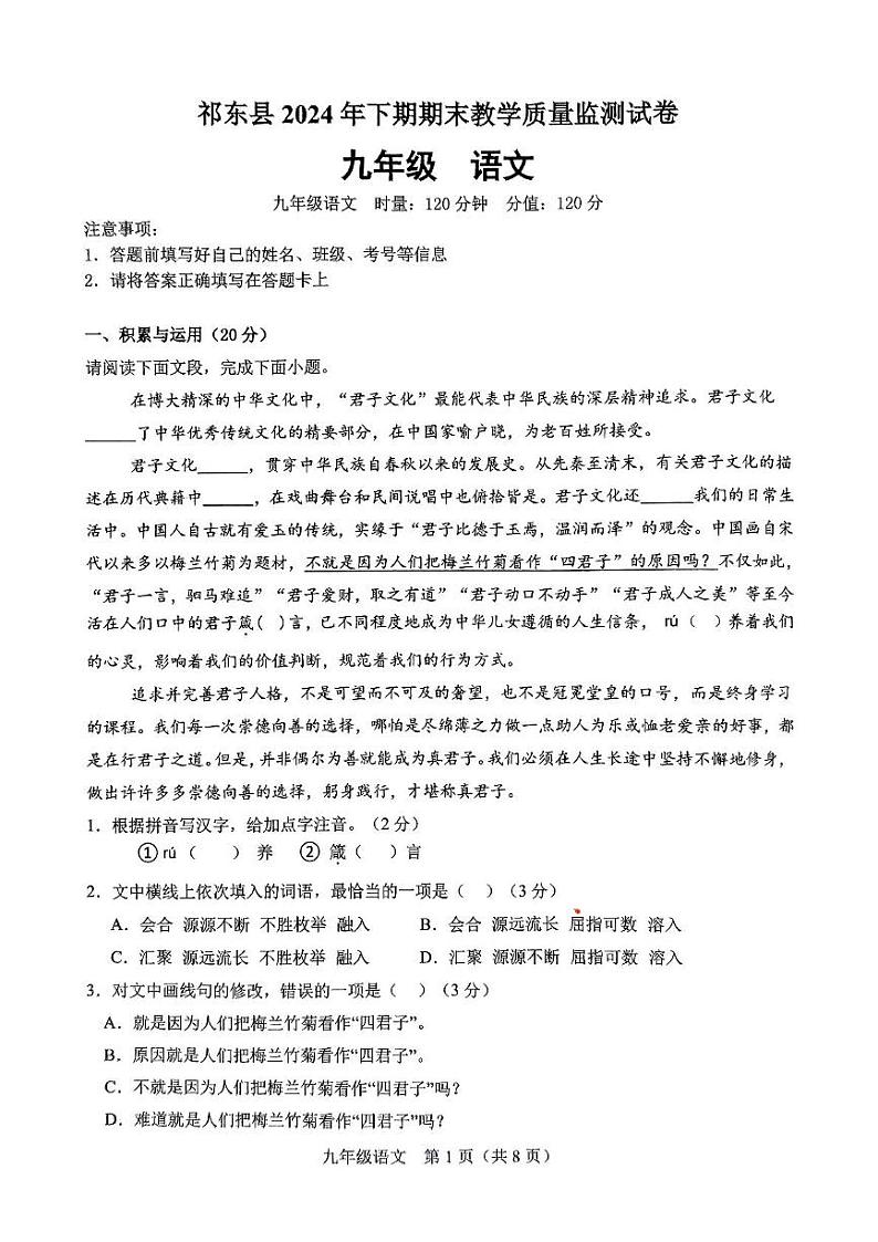 湖南省衡阳市祁东县2024-2025学年九年级上学期期末考试语文试题第1页