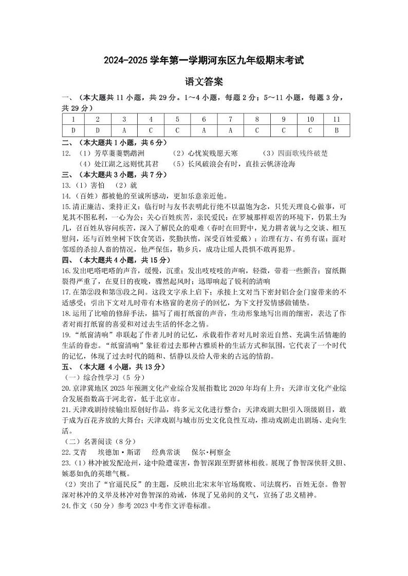 天津市河东区2024-2025学年九年级上学期期末语文试题(解析版)第1页