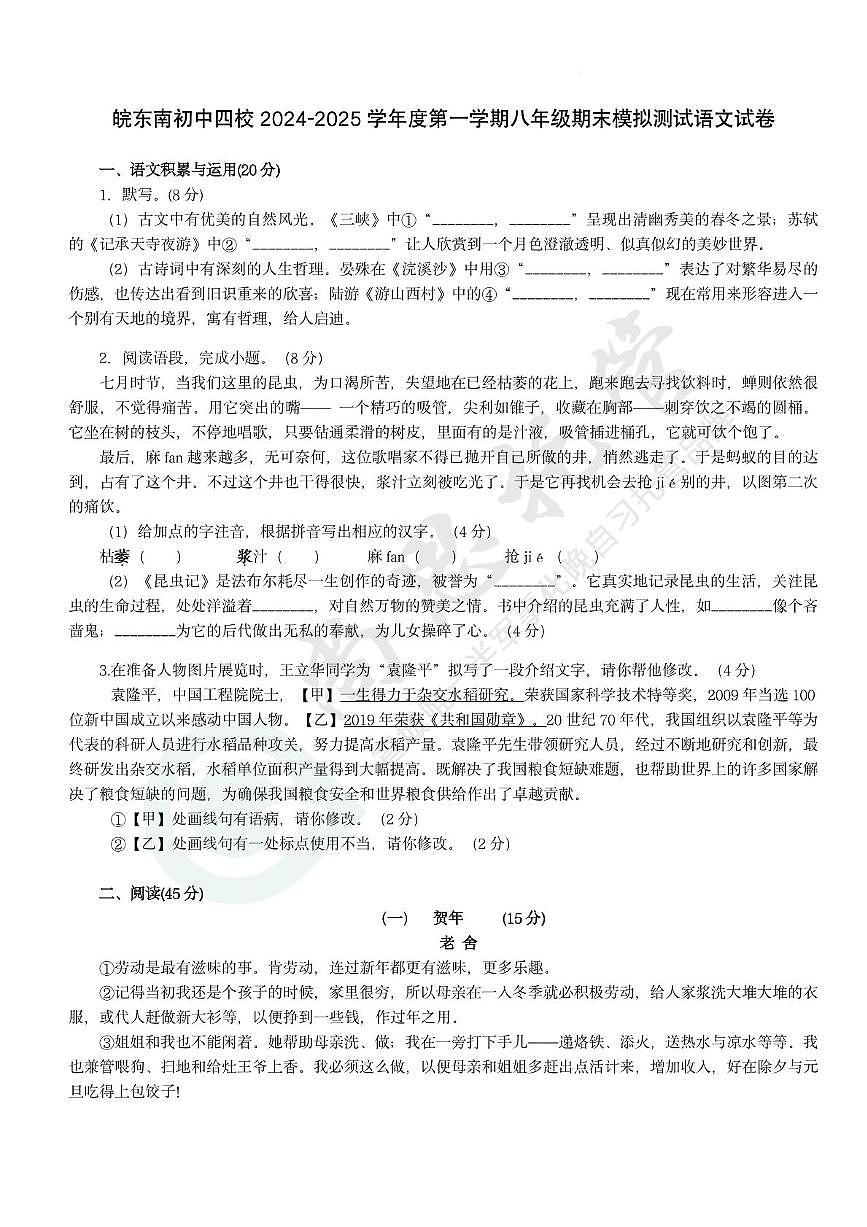 24-25 十二中皖東南八年級期末模擬語文卷第1頁