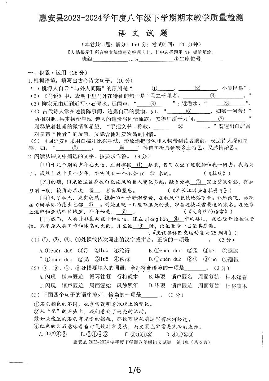 福建省泉州市惠安县2023-2024学年八年级下学期期末教学质量抽测语文试题